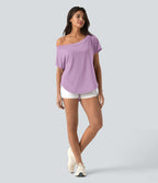 Top de sport yoga asymétrique à épaule dénudée manches courtes ourlet arrondi et coupe asymétrique à séchage rapide – Soutien-gorge intégré