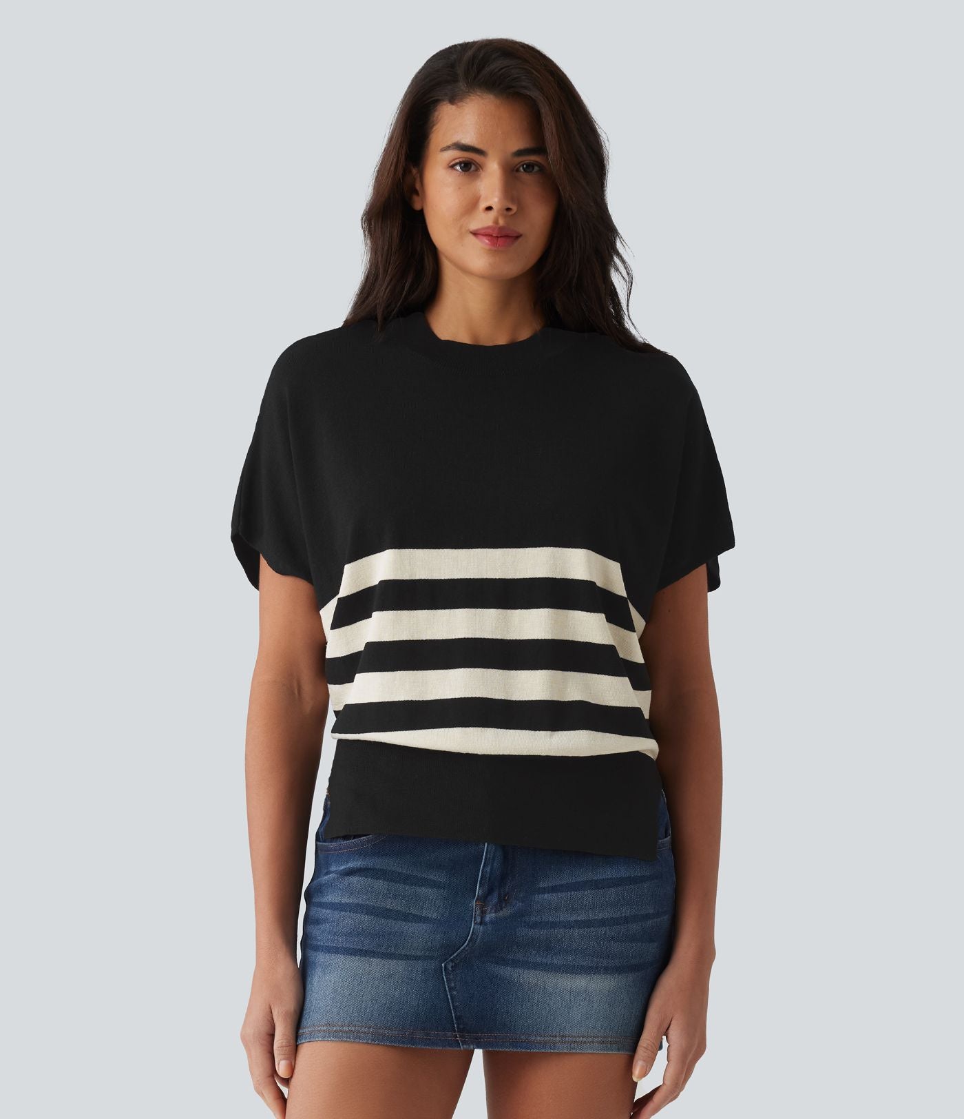 Pull casual col rond manches courtes à rayures