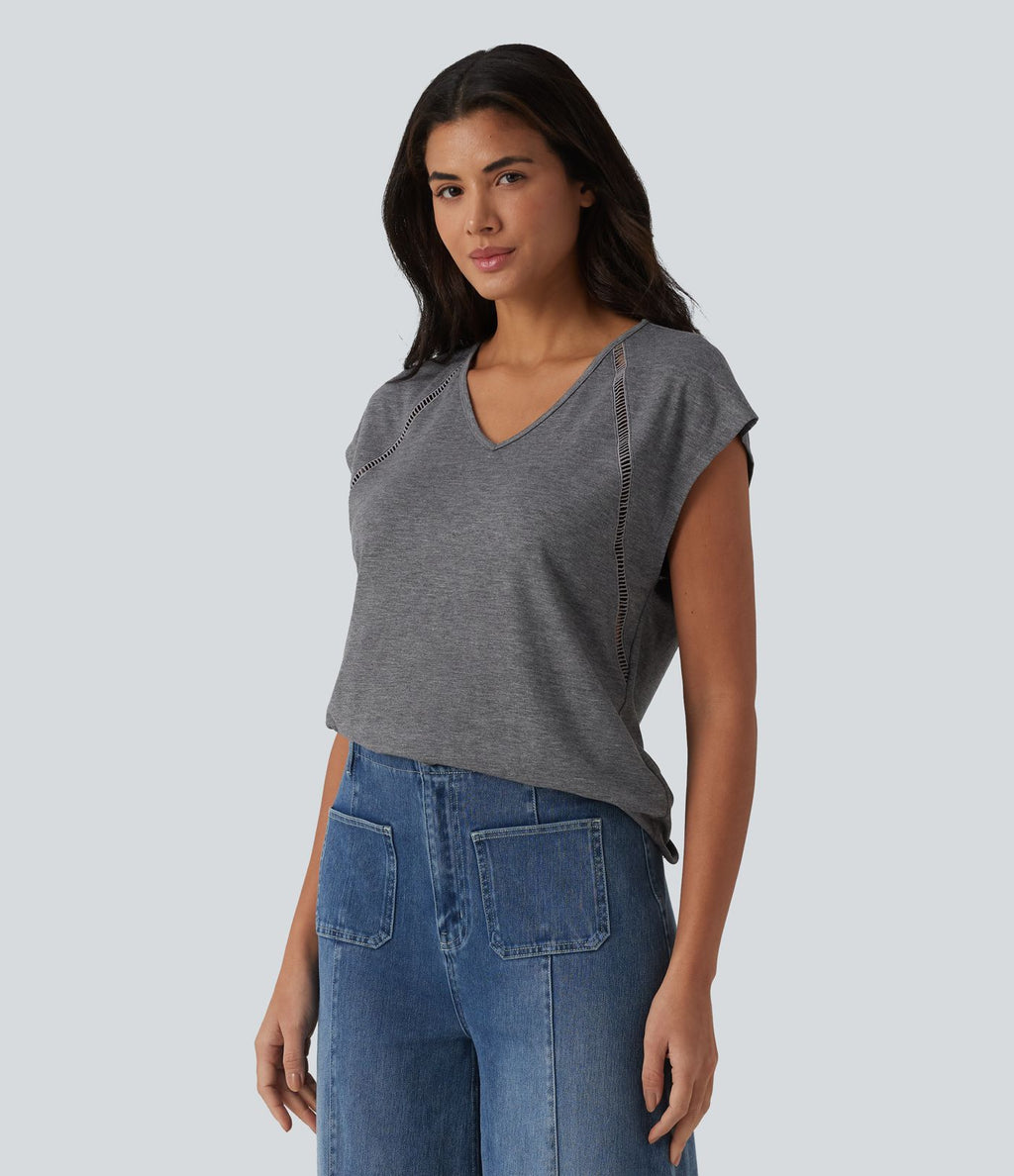 T-shirt casual chiné col V à manches courtes chauve-souris