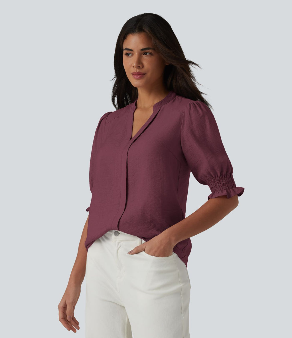 Blouse décontractée à col en V et manches courtes bouffantes