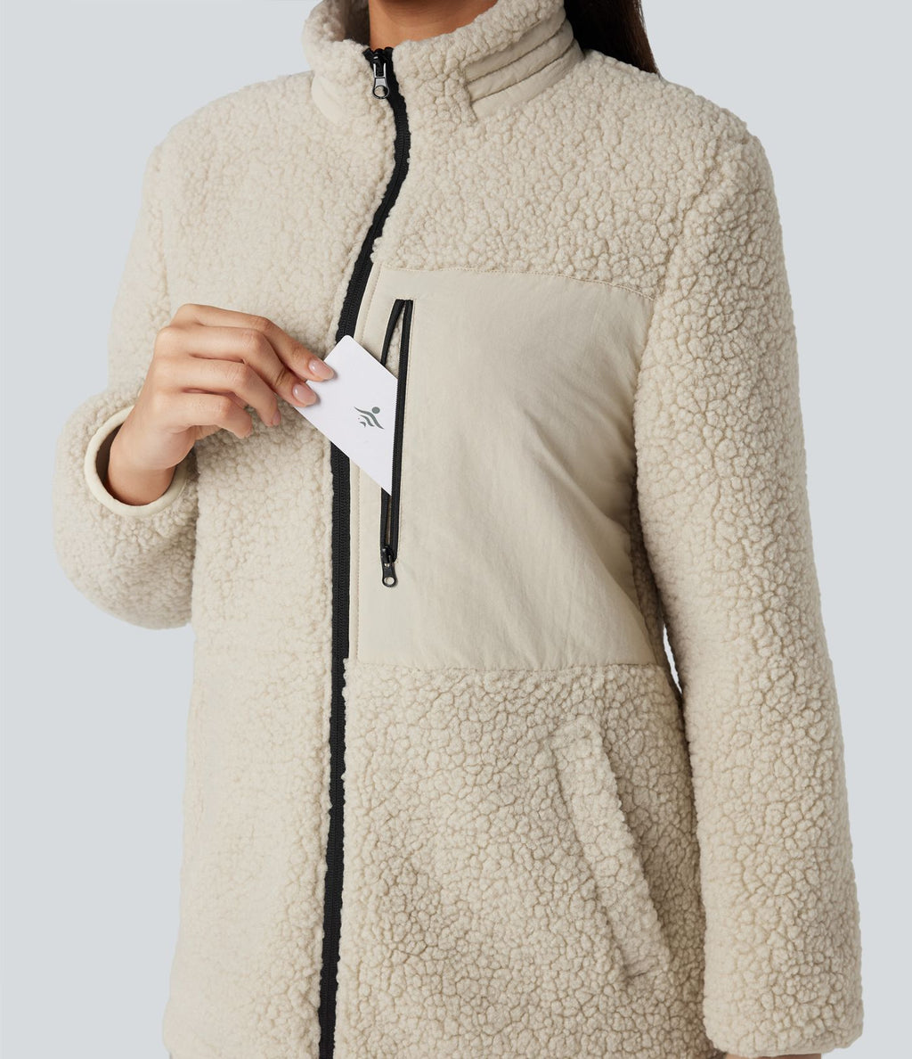 Veste teddy randonnée col montant décontractée avec fermeture éclair et poches