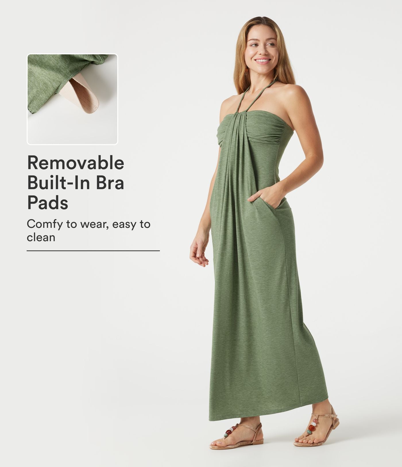 Robe longue chinée dos-nu à nouer, brassière intégrée, à poches