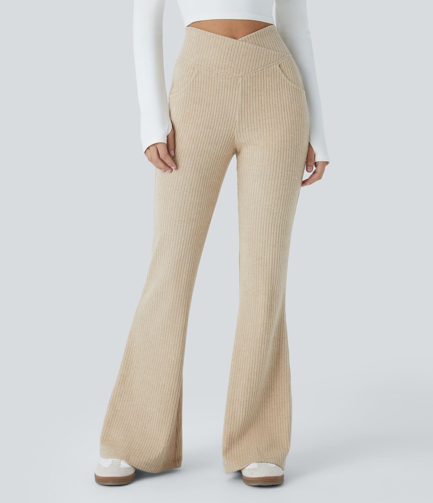 Pantalon Taille Haute Casual Évasés en Tricot Côtelé avec Poches Latérales et Croisé