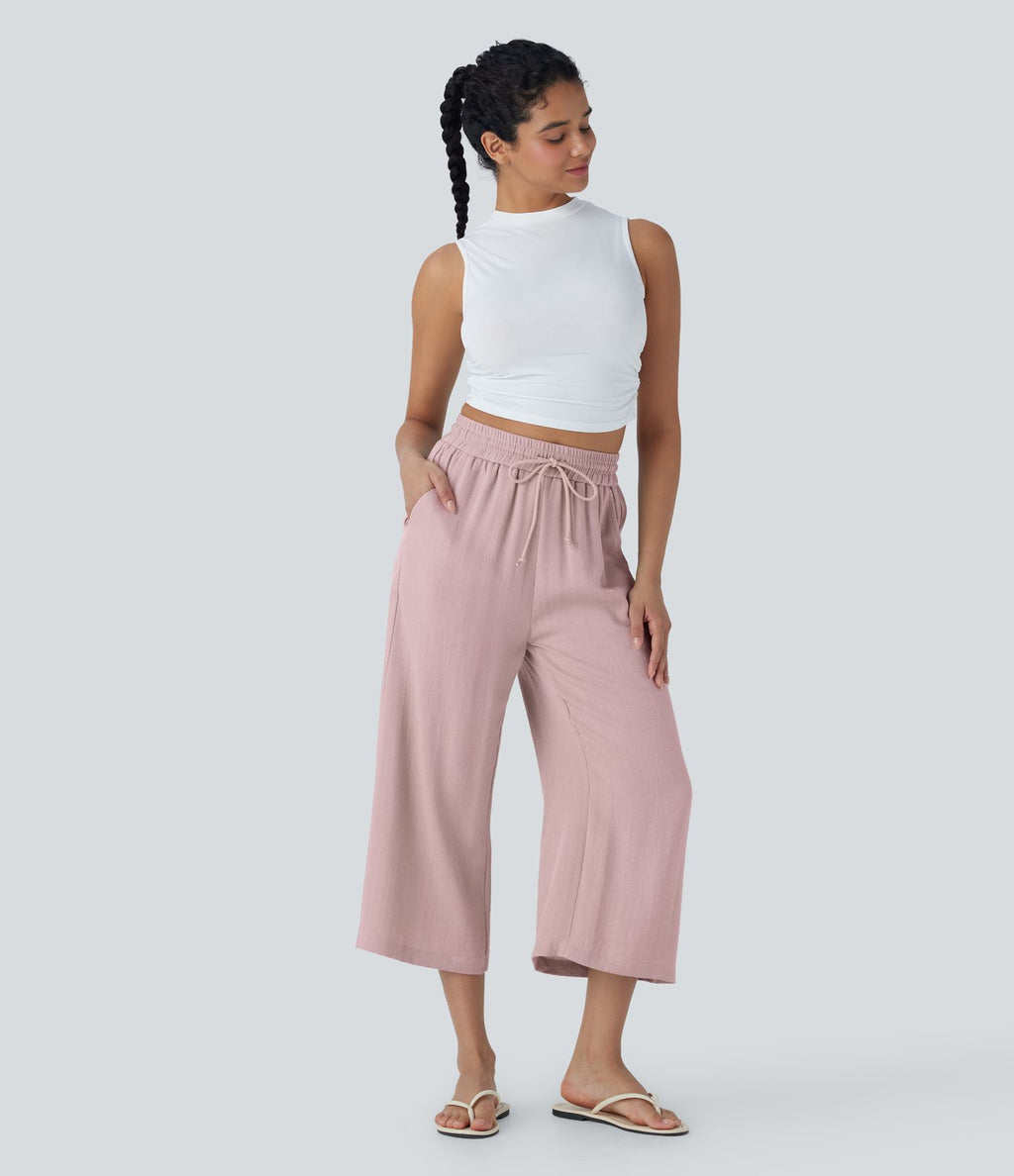 Pantalon décontracté aspect lin 7/8 à taille haute, jambe large avec cordon de serrage et poches latérales