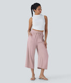 Pantalon décontracté aspect lin 7/8 à taille haute, jambe large avec cordon de serrage et poches latérales