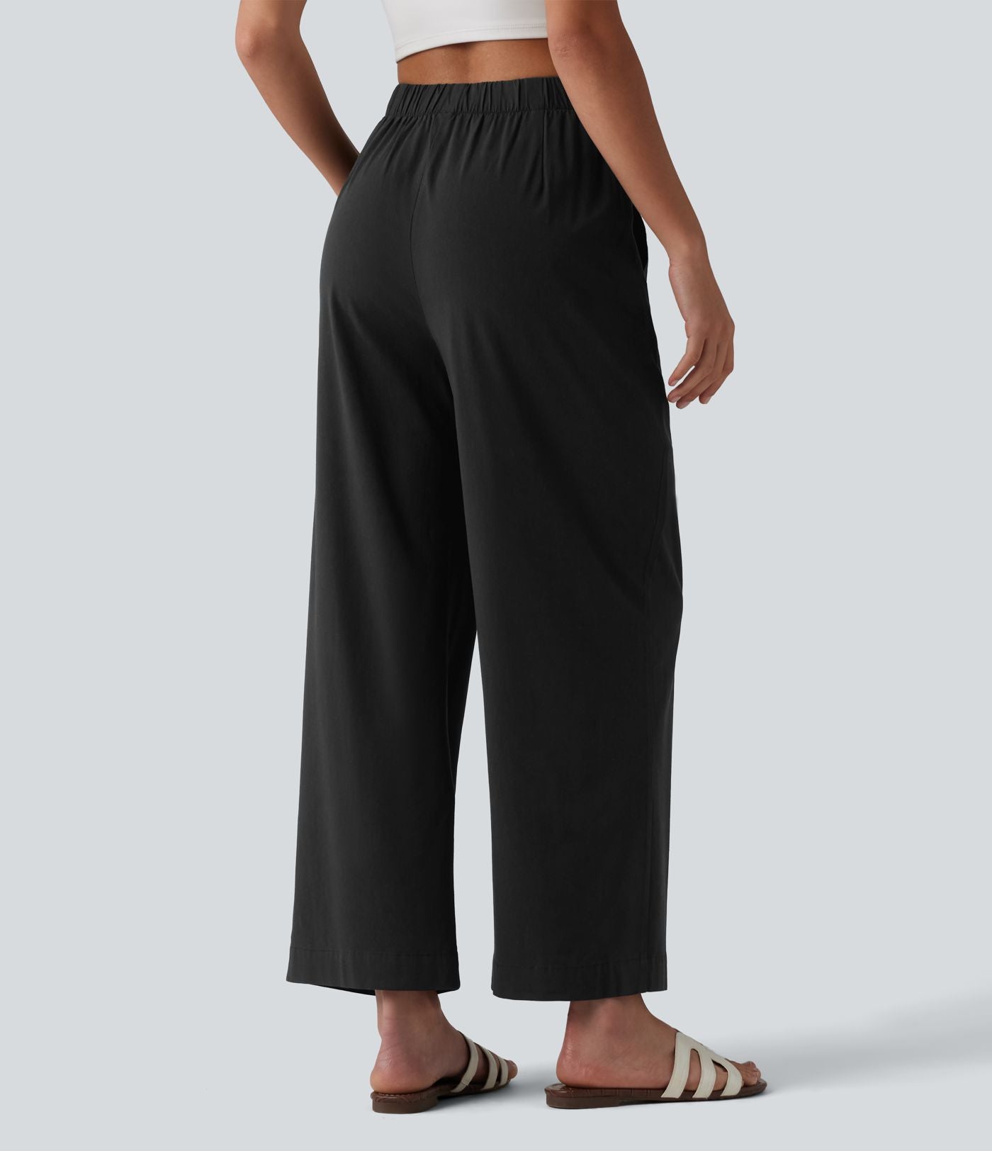 Pantalon casual 7/8 aspect lin stretch coupe droite taille haute avec poches