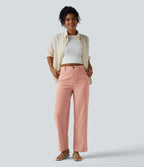 Pantalon taille haute coupe droite effet lin avec poches
