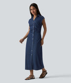 Halara Flex™ Robe décontractée en jean midi col V sans manches froncée avec boutonnière
