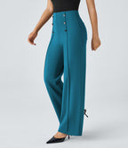 Pantalon Tailleur Large Taille Haute avec Bouton et Poches