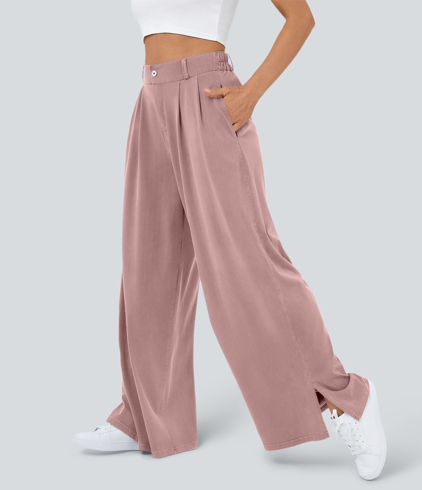 Pantalon Large Casual Taille Haute Boutonnés Fermeture Éclair Plissé Poches Latérales Ourlet Fendu