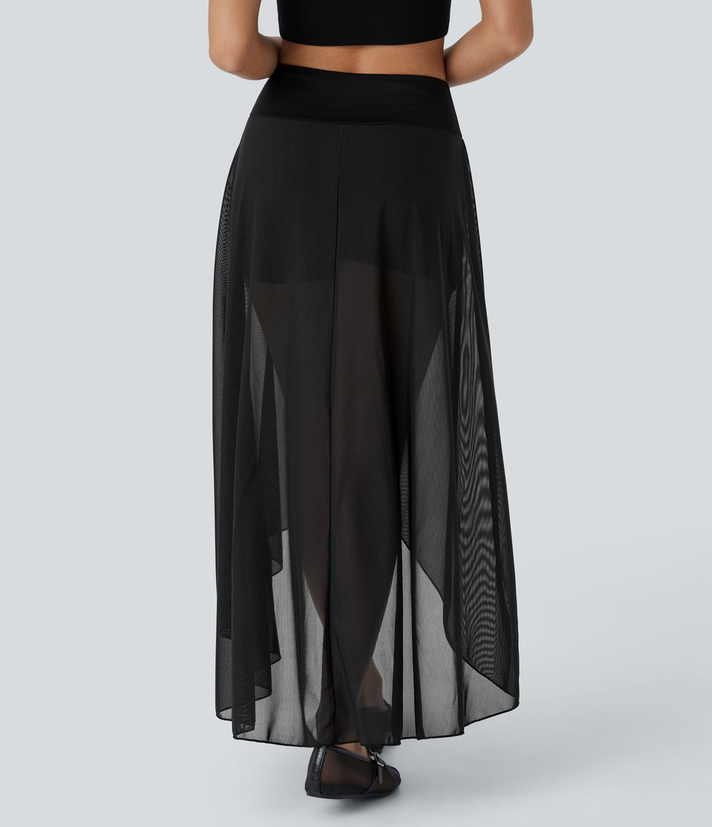 Jupe Longue Fluide Taille Haute à Volants 2 en 1 Poche Latérale Évasée en Mesh Casual Quotidien
