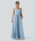 Robe maxi fluide dos nu, avec brassière intégrée et poches