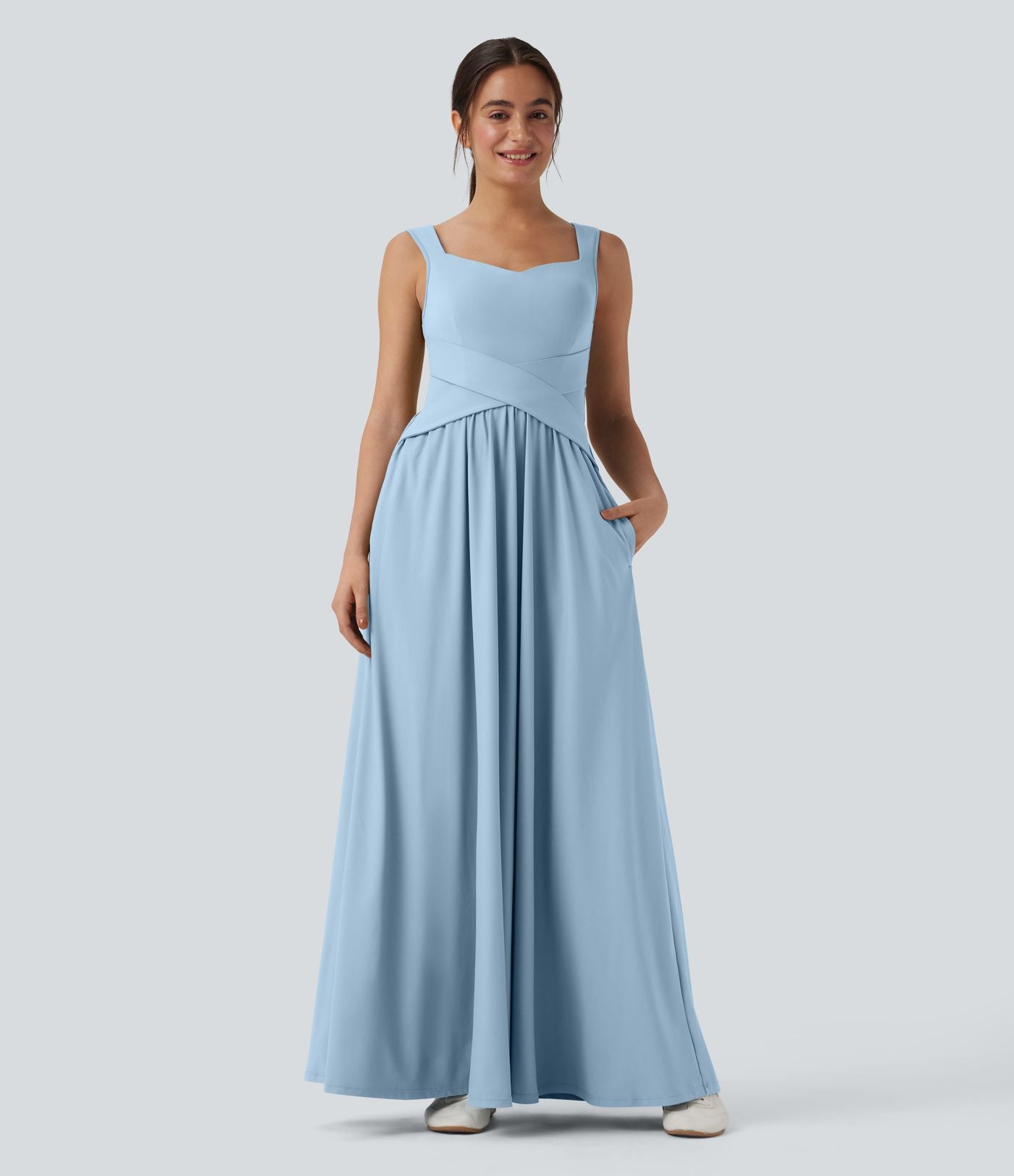 Robe maxi fluide dos nu, avec brassière intégrée et poches