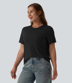 T-shirt décontracté ample à col rond et manches courtes en laine mélangée