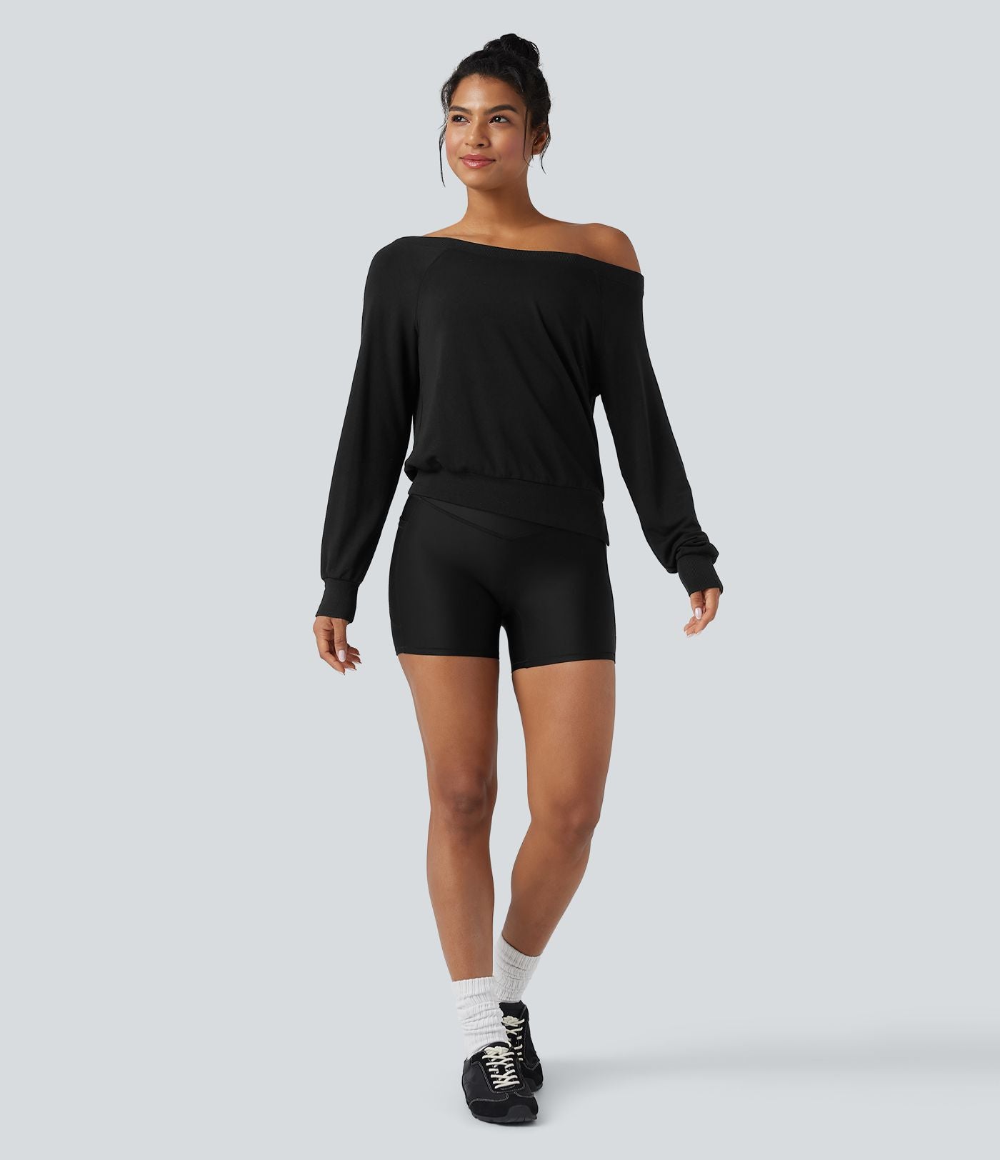 Top de sport yoga polaire épaules dénudées manches longues