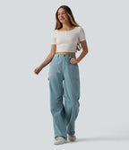 Pantalon cargo casual en popeline extensible coupe droite taille haute avec poches
