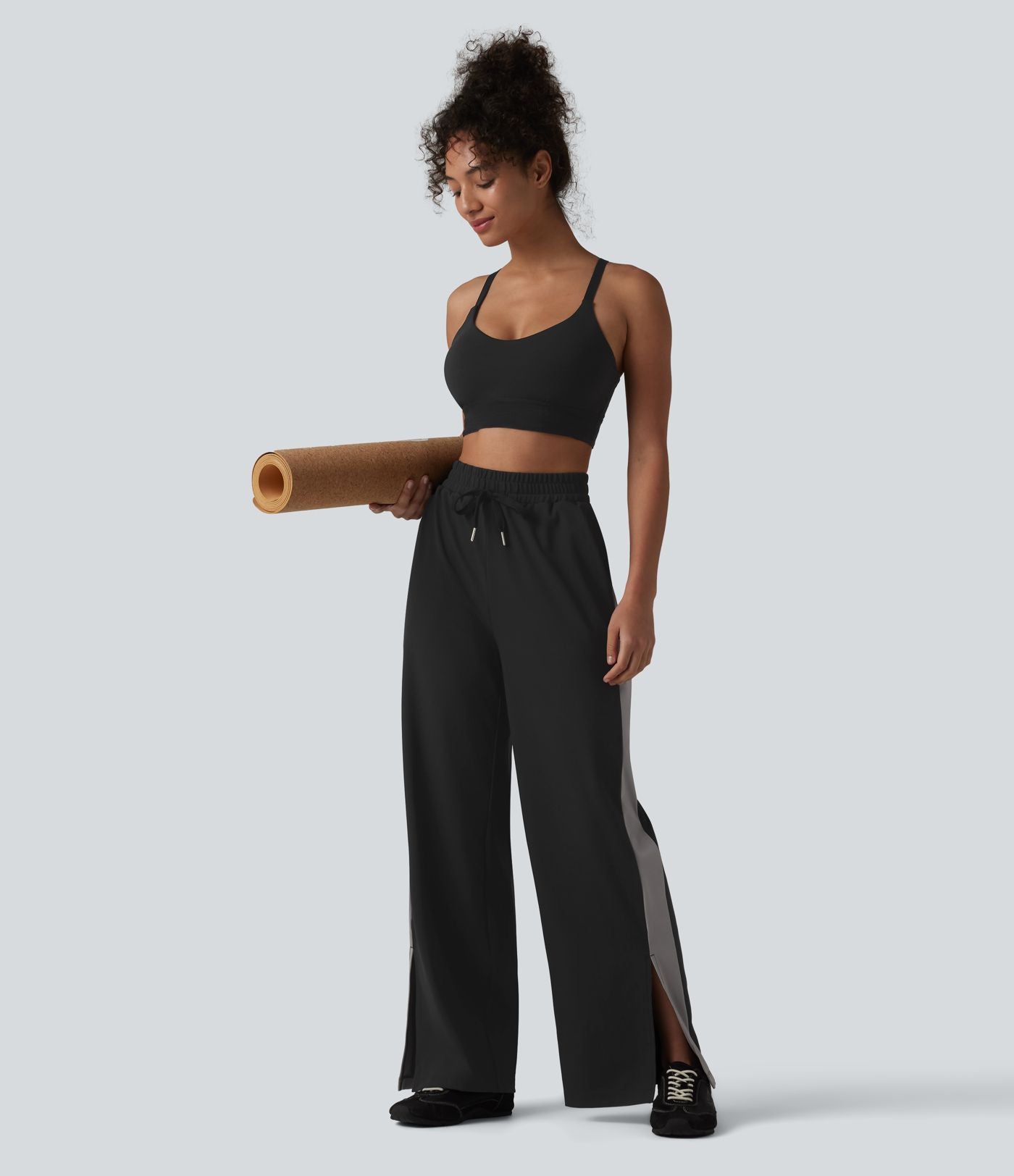 DayStretch Pantalon droit de yoga taille haute cordon de serrage rayures color block fentes latérales avec poches