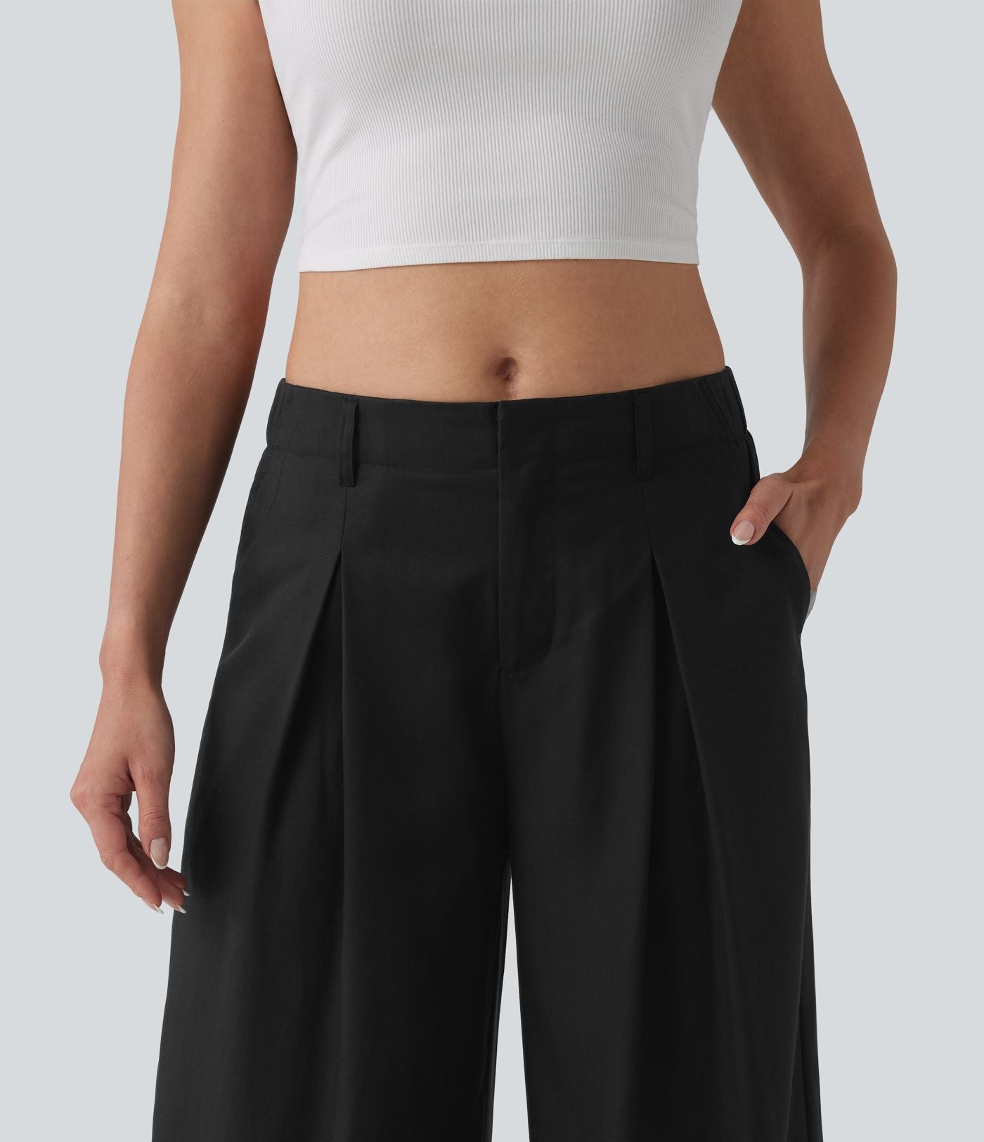 Pantalon ample décontracté en lyocell et lin mélangé, taille mi-haute, plissé, avec poches