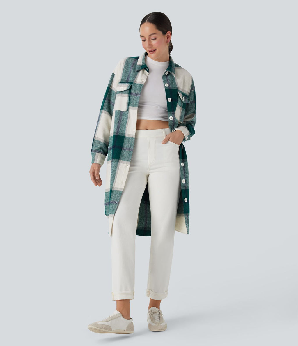 Veste décontractée longue à motif écossais avec ourlet arrondi et poches