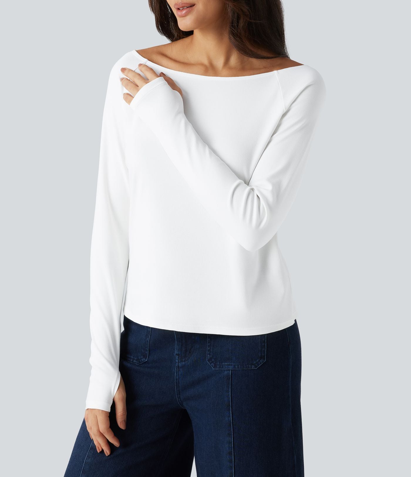 T-shirt en coton Pima à encolure bateau, manches longues et passe-pouces