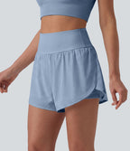 Short yoga 2-en-1 gainant taille haute à pois réfléchissants, ourlet arrondi croisé et œillets avec poches