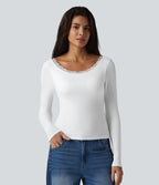 Haut casual en maille côtelée à manches longues, col rond échancré, dos en U, dentelle contrastée et soutien-gorge intégré
