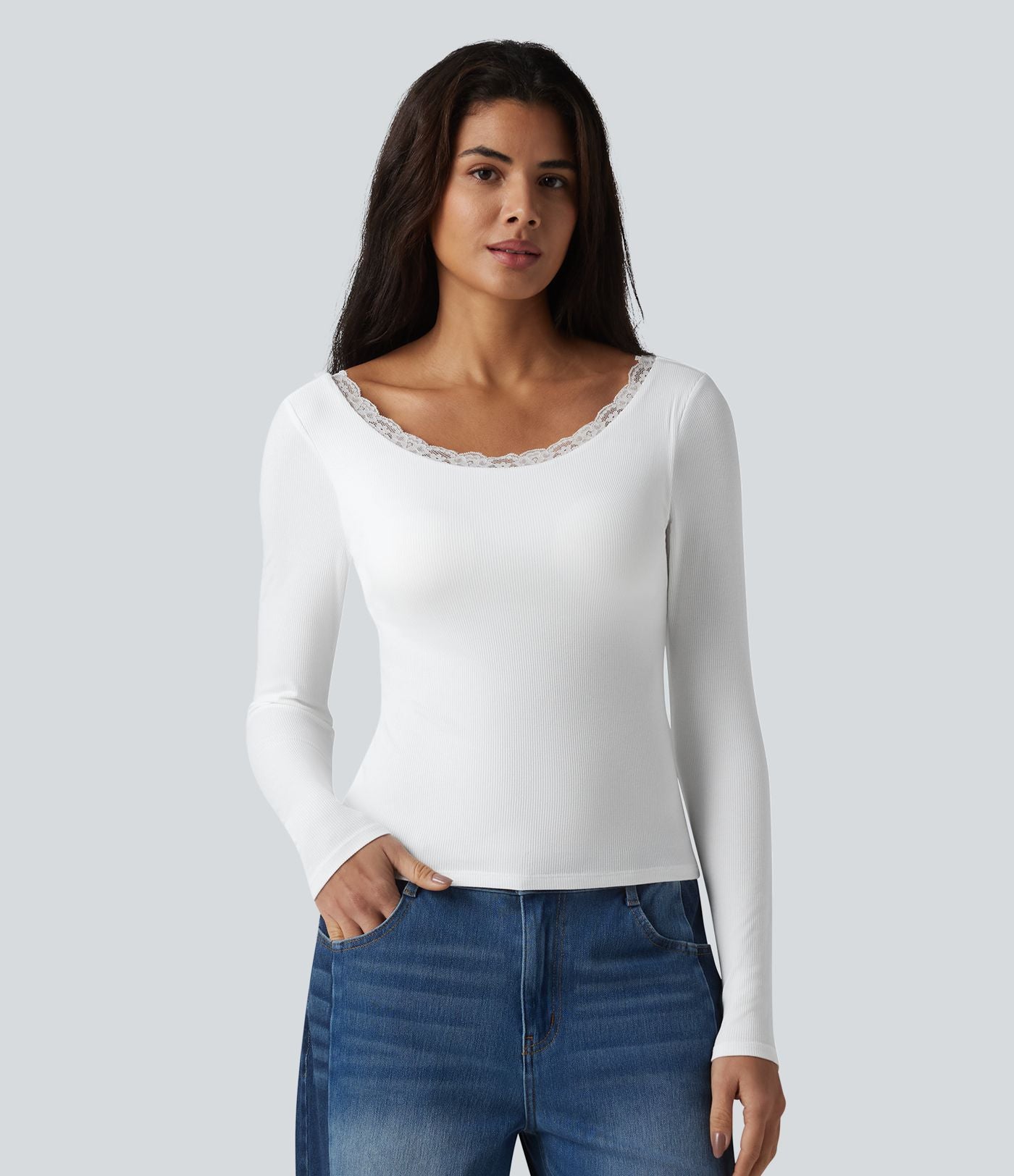Haut casual en maille côtelée à manches longues, col rond échancré, dos en U, dentelle contrastée et soutien-gorge intégré