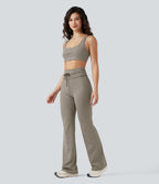 Pantalon de yoga évasé à rayures, taille haute, cordon et poches