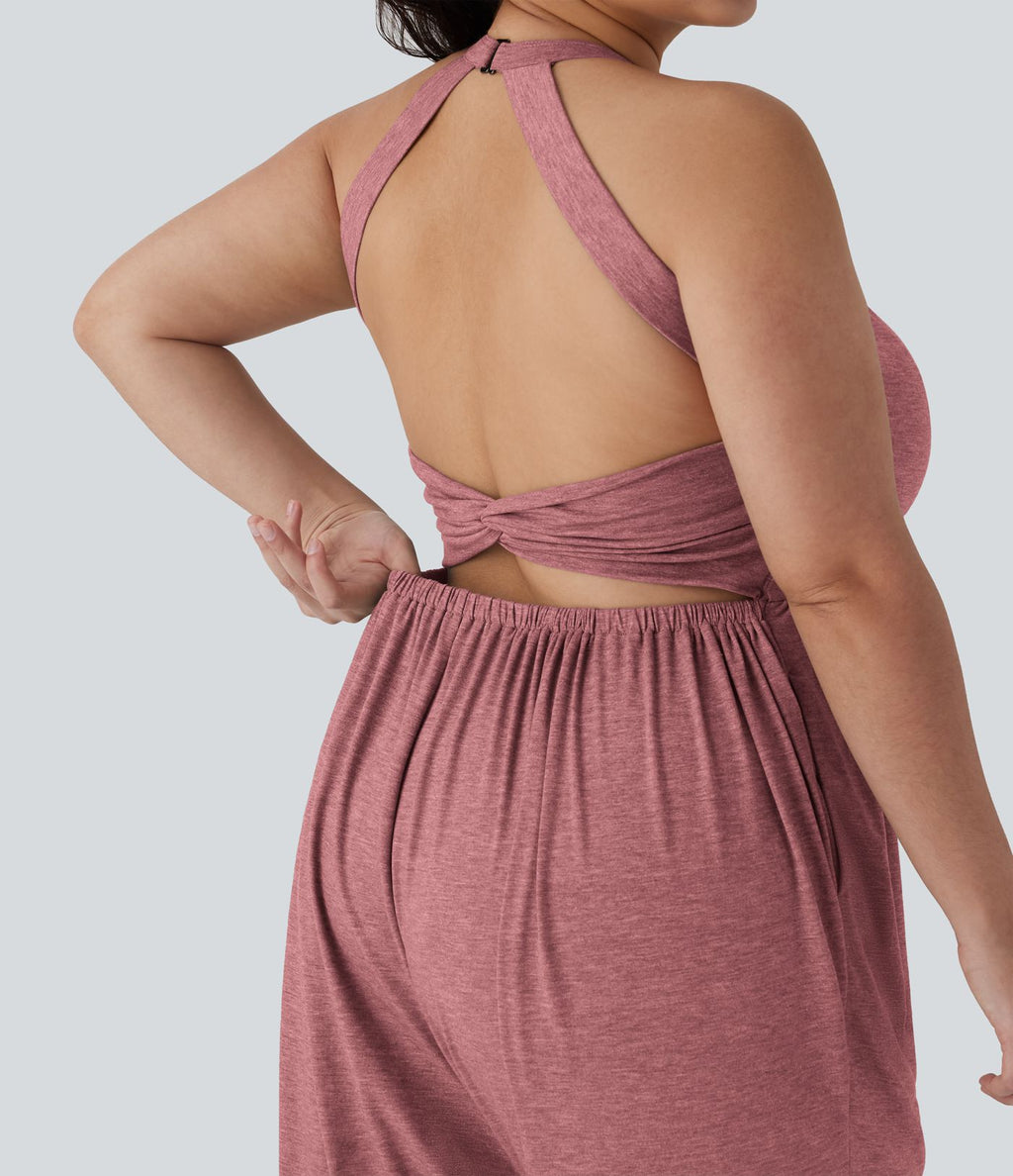 Combinaison sarouel dos nu torsadée grande taille avec poche latérale - Édition facile à enfiler