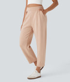 Pantalon décontracté taille haute coupe tonneau avec poches
