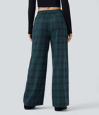 Pantalon baggy taille haute imprimé carreaux avec poches