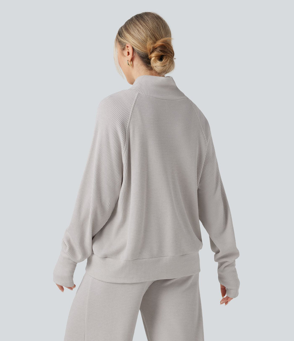 Sweat décontracté oversize col montant manches longues maille gaufrée à trous pouces avec poches