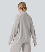 Sweat décontracté oversize col montant manches longues maille gaufrée à trous pouces avec poches