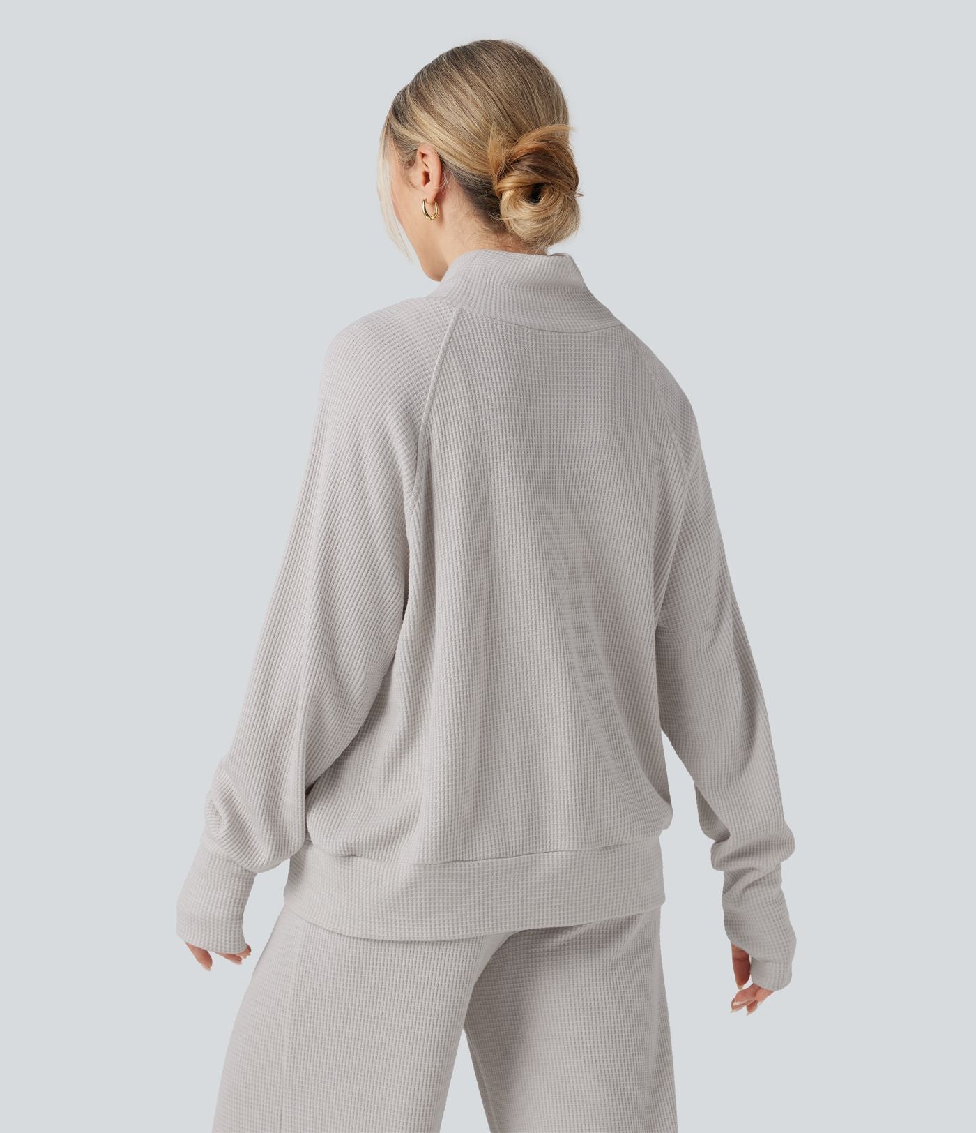 Sweat décontracté oversize col montant manches longues maille gaufrée à trous pouces avec poches