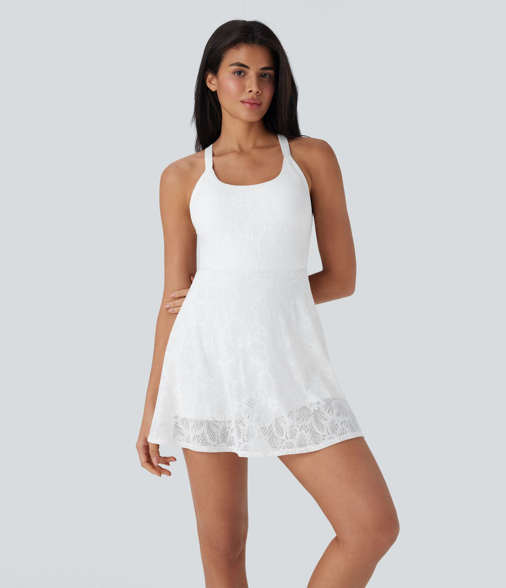 Robe-short 2-en-1 mini de danse active avec dos nu, détail torsadé, dentelle et poches-Easy Peasy