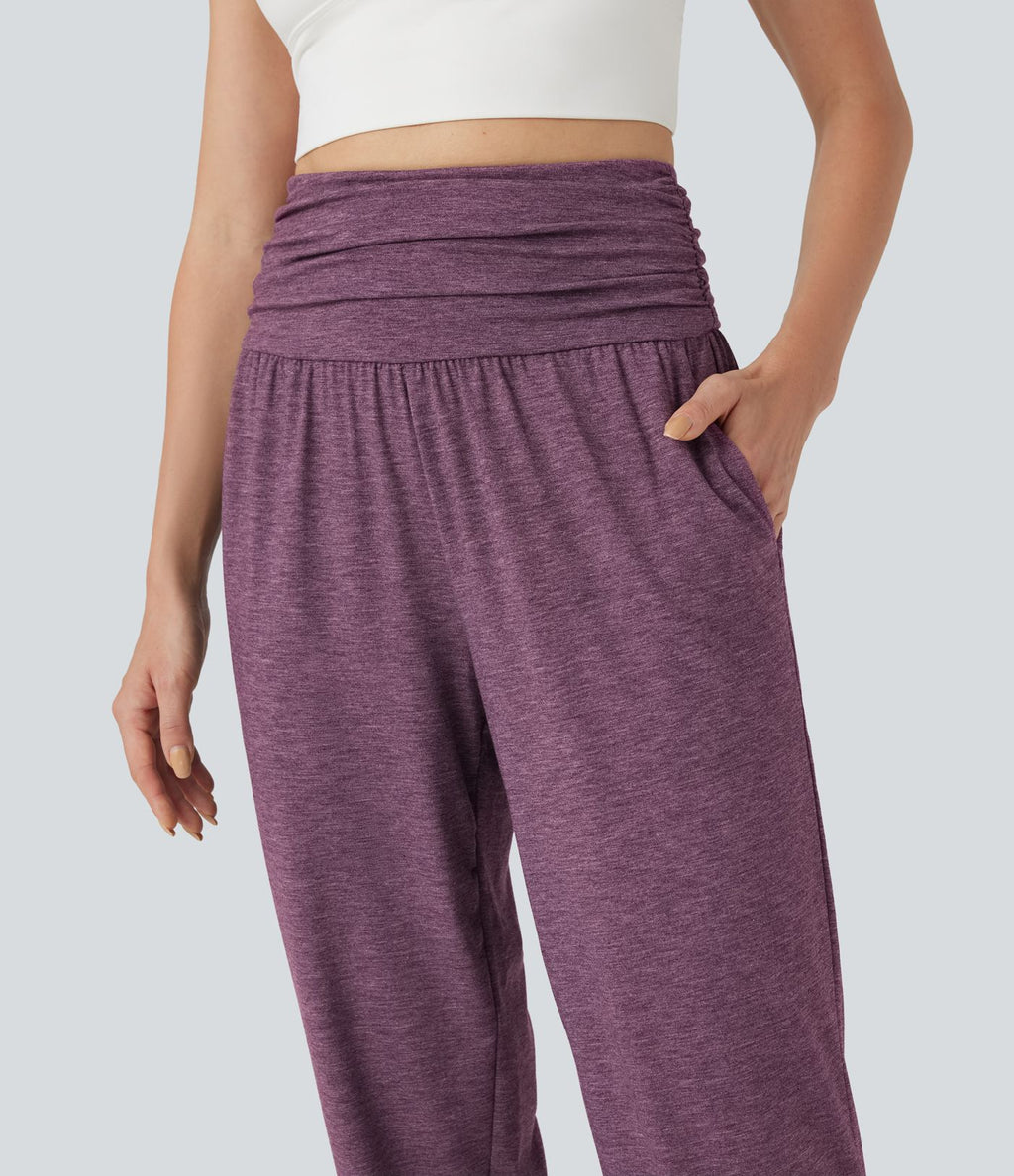 Jogging taille haute froncé chiné avec poches