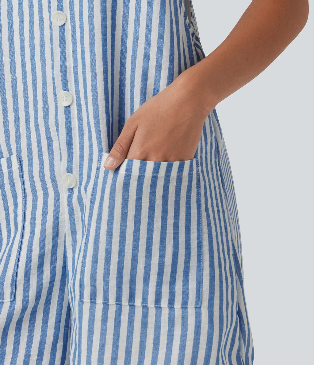 Salopette short casual rayée à toucher lin avec bretelles nouées et poches