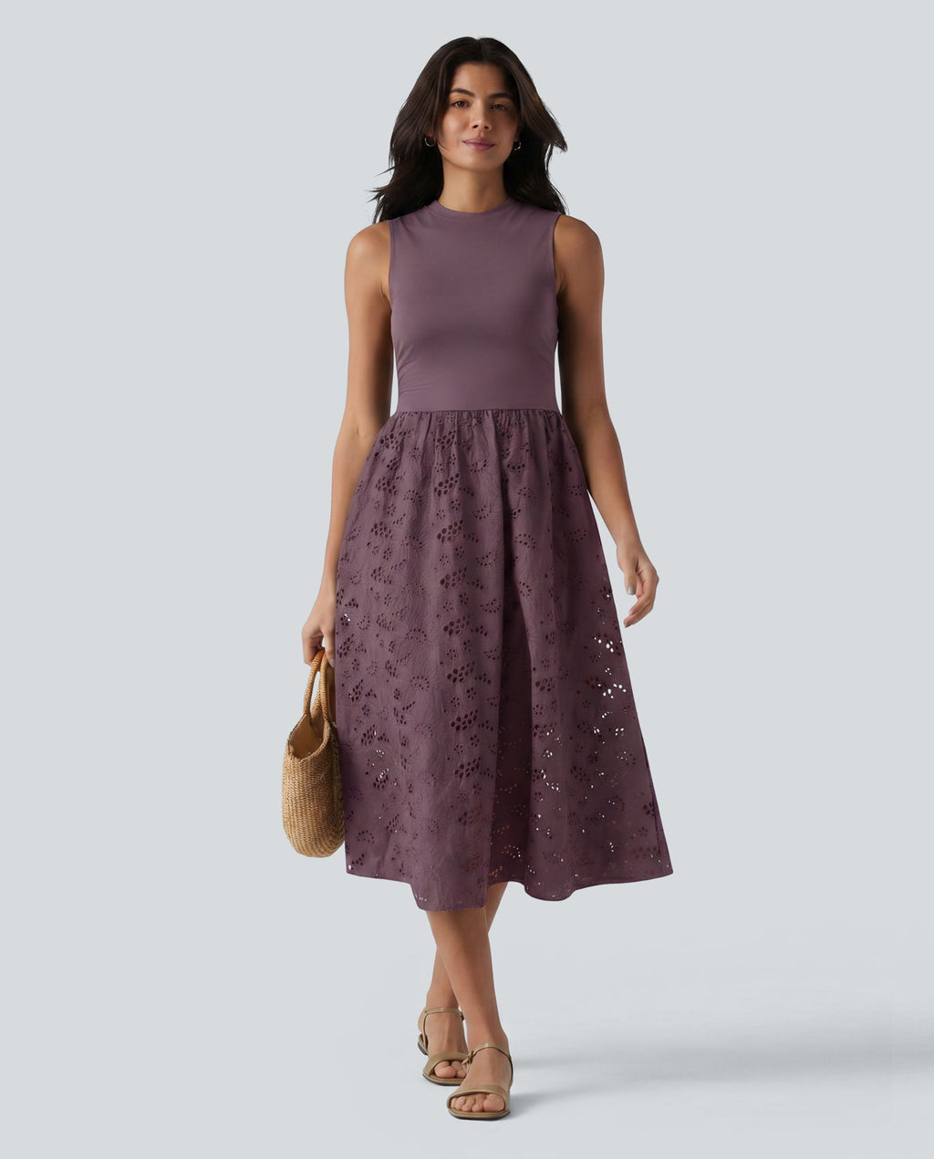 Robe midi de villégiature sans manches col rond à broderie anglaise, avec poches