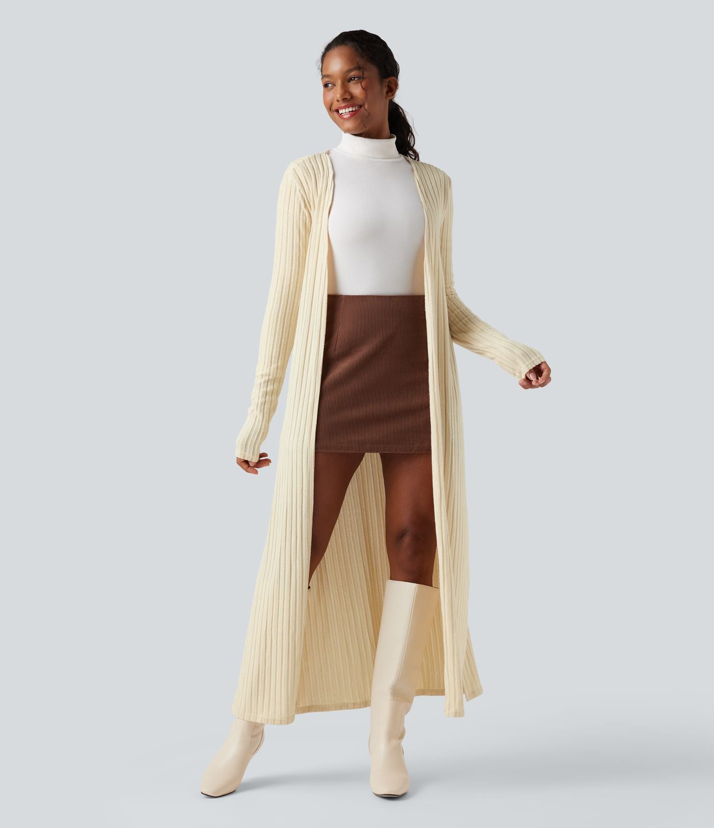 Manteau long décontracté maille côtelée manches longues avec fente