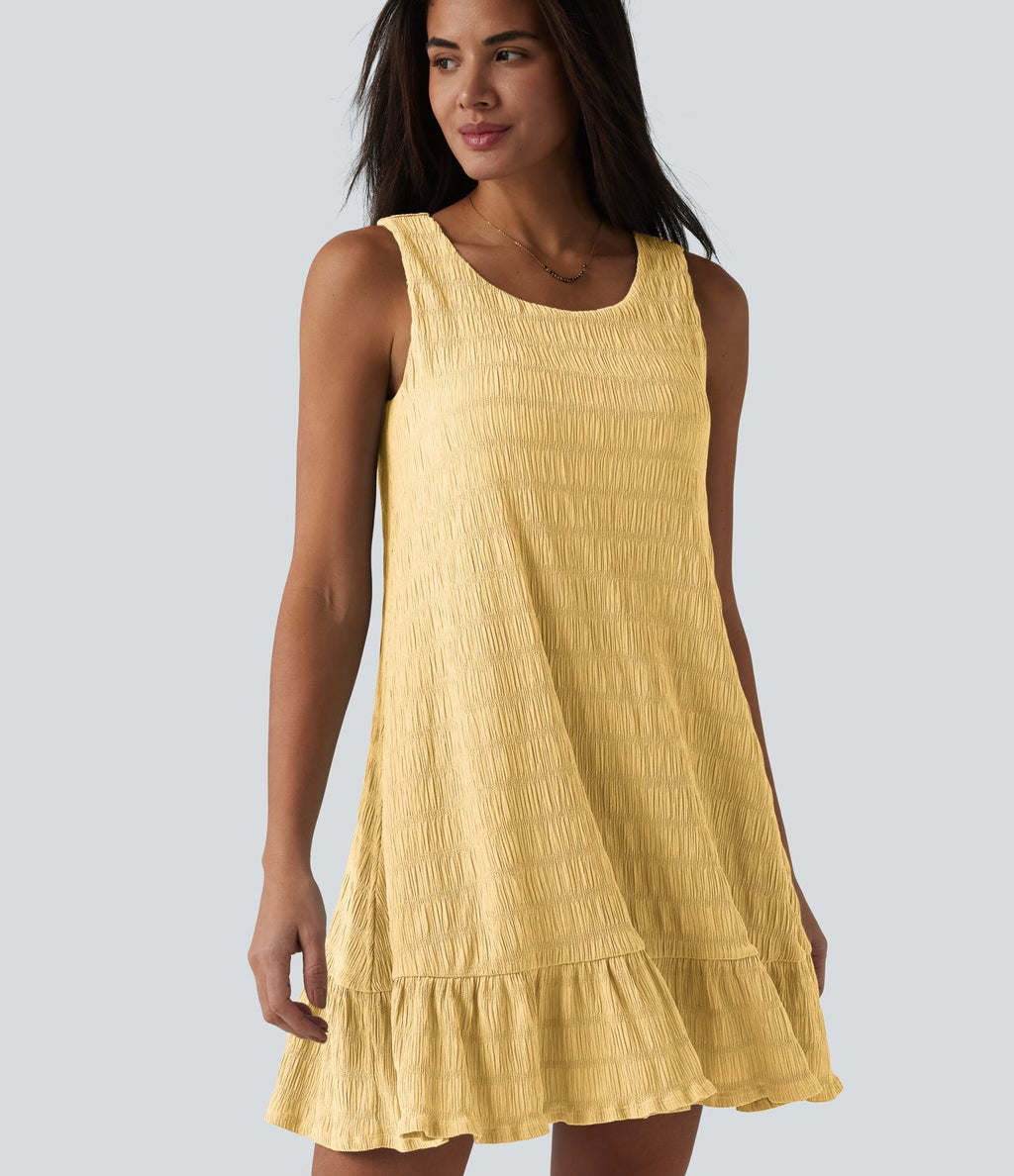 Robe courte décontractée sans manches à col rond, soutien-gorge intégré et ourlet à volants