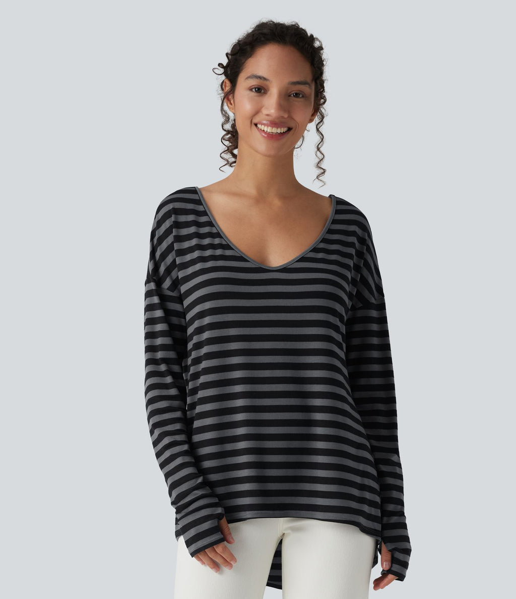 T-shirt ample décolleté plongeant manches longues à rayures et trous pour les pouces - Réversible devant et dos