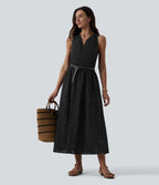 Robe mi-longue fluide col V sans manches avec nœud au dos