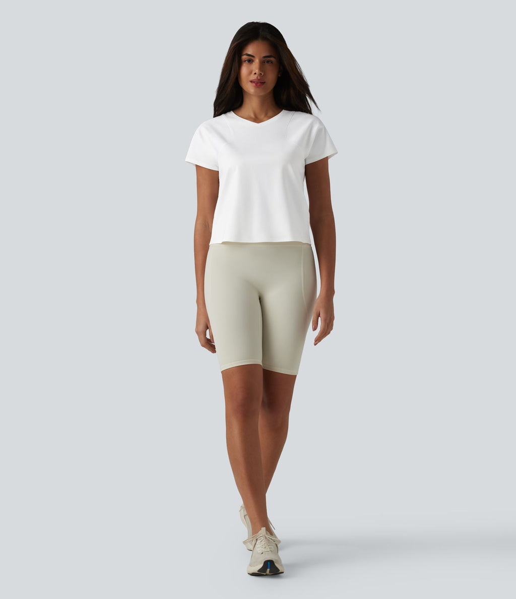 Haut de sport décontracté en coton à manches courtes et col raglan, style yoga, coupe ample, col en V