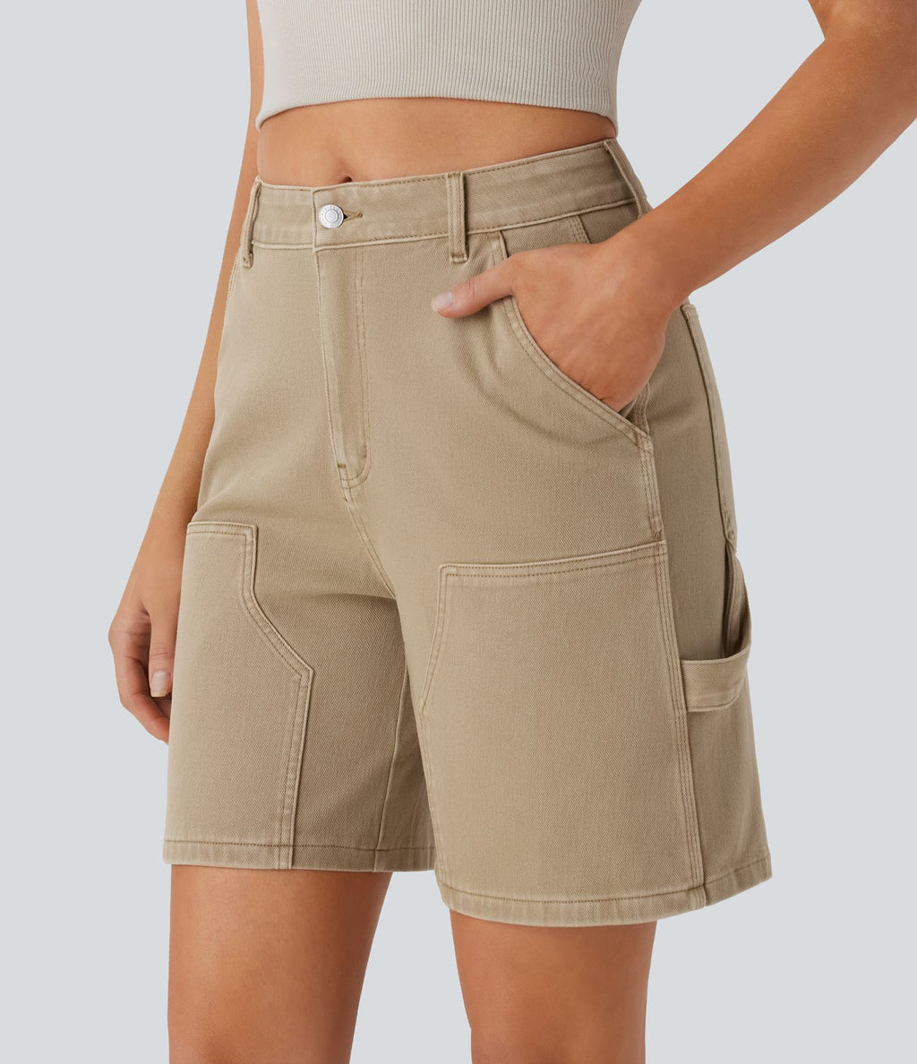 Short bermuda décontracté en denim extensible lavé Halara Flex™ taille mi-haute avec poches multiples