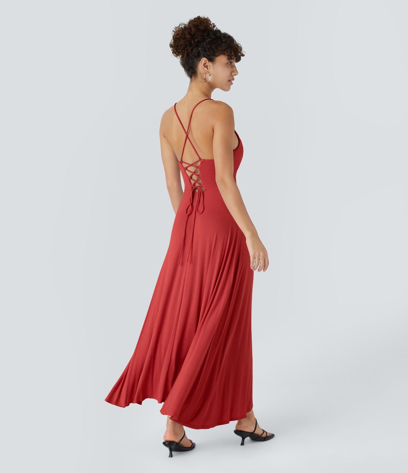 Robe Soirée Midi Encolure Côtelée Dos Nu Lacets Croisés Fendue