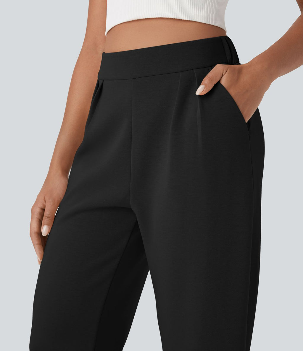Pantalon décontracté taille haute coupe tonneau avec poches
