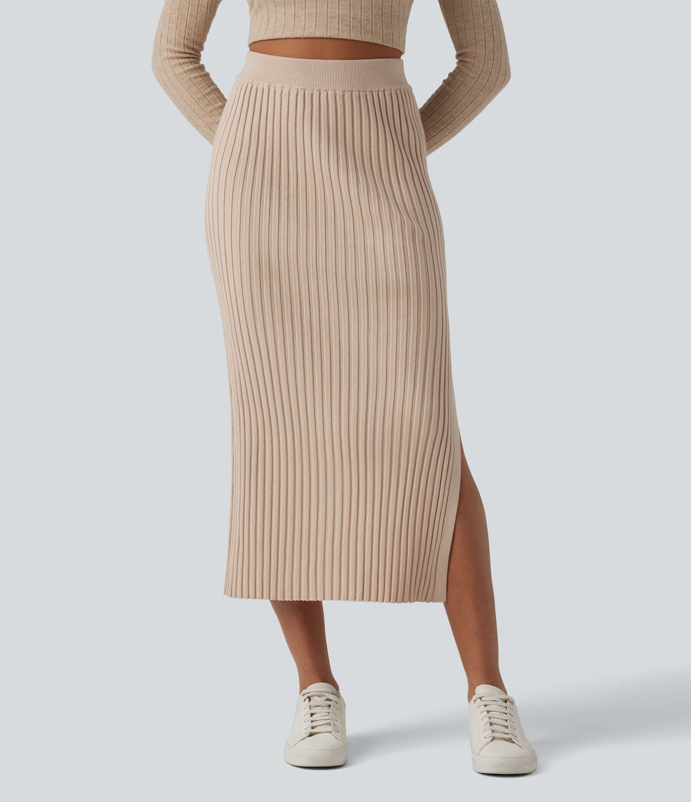 Jupe midi casual en maille taille haute