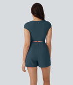 Combinaison de yoga Softlyzero™ Airy avec col U, manches courtes et poches latérales - Édition Easy Peasy