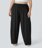 Pantalon Large Casual Taille Mi-Haute Taille Élastique Cordon Poches Latérales Ourlet Flottant Grande Taille