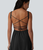 Robe fluide midi de villégiature sans manches, encolure carrée, dos nu croisé, fronces et soutien-gorge intégré